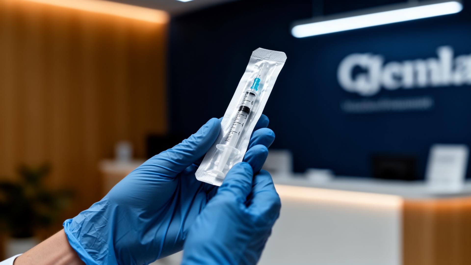 Editorial photograph of a gloved clinician's hands holding a sealed sterile injectable syringe under cool clinical lighting in a regulated aesthetic clinic