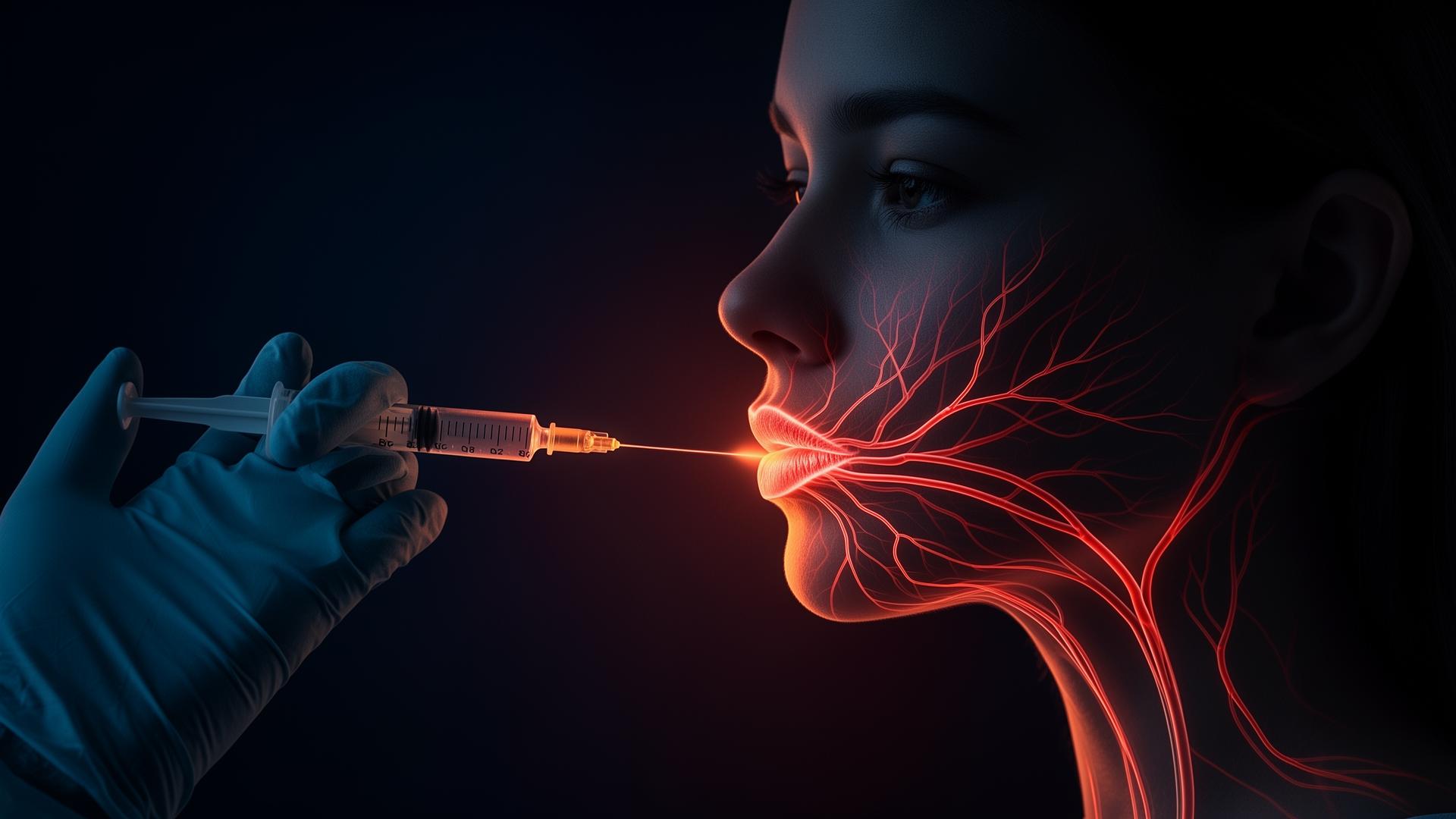 Cinematic editorial illustration of a gloved clinician's hand holding a syringe near a stylised silhouette of a young woman's lower face, with glowing red arterial branches of the superior labial and angular arteries traced through the dermis