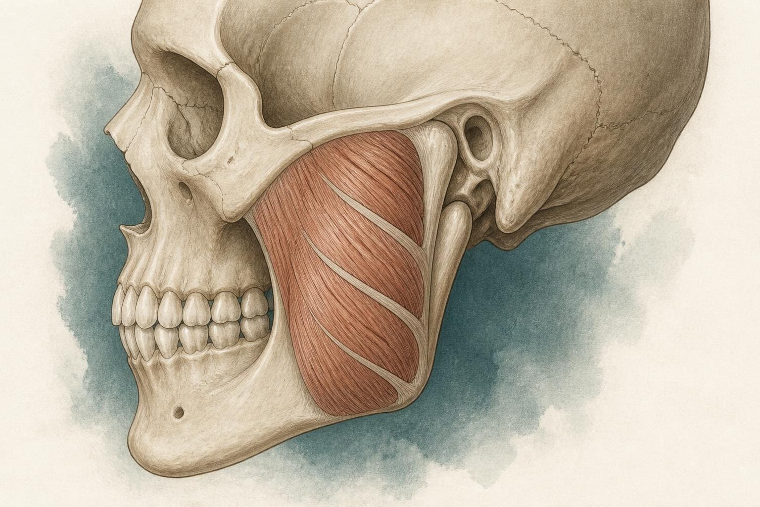 Anatomical illustration of the human masseter muscle spanning the zygomatic arch to the mandibular ramus, showing its layered pennate fibre architecture