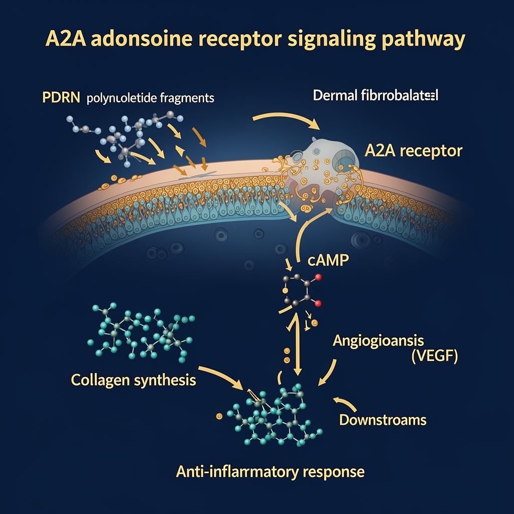 A2A adenosine receptor signalling pathway diagram showing PDRN polynucleotide fragments activating dermal fibroblasts via cAMP cascade, leading to collagen synthesis, angiogenesis (VEGF), and anti-inflammatory response