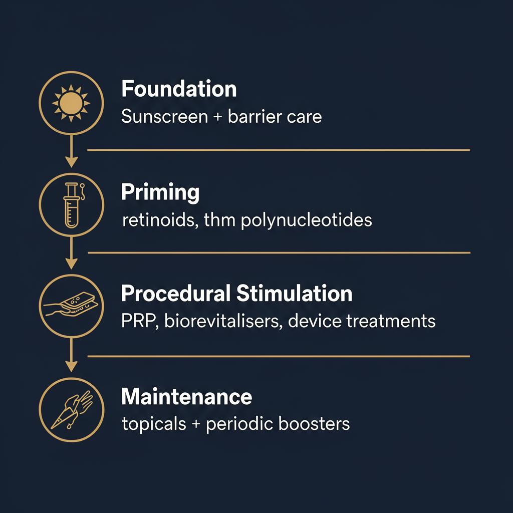 Treatment sequencing flowchart showing four stages: Foundation (sunscreen + barrier care), Priming (retinoids then polynucleotides), Procedural Stimulation (PRP, biorevitalisers, device treatments), and Maintenance (topicals + periodic boosters)