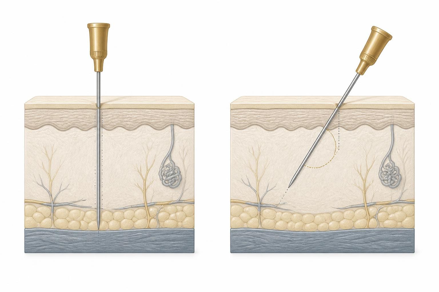 Side-by-side diagram of two identical skin cross-sections showing a needle entering at ninety degrees reaching a deep plane, and the same entry point at forty-five degrees reaching a different, more superficial plane
