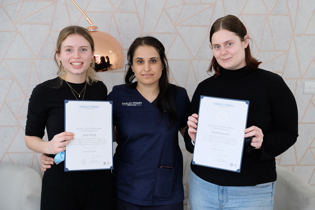 Certified Aesthetic Medicine Graduates | Harley Street Institute Success Stories Successful aesthetic medicine graduates from Harley Street Institute holding certificates after completing advanced botox and dermal filler training courses in London